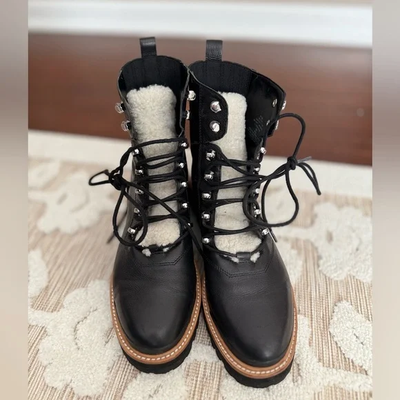 Marc Fisher LTD Izzie Shearling-Lined Leather Work Boots Black Size 9.5 - Picture 3 of 6